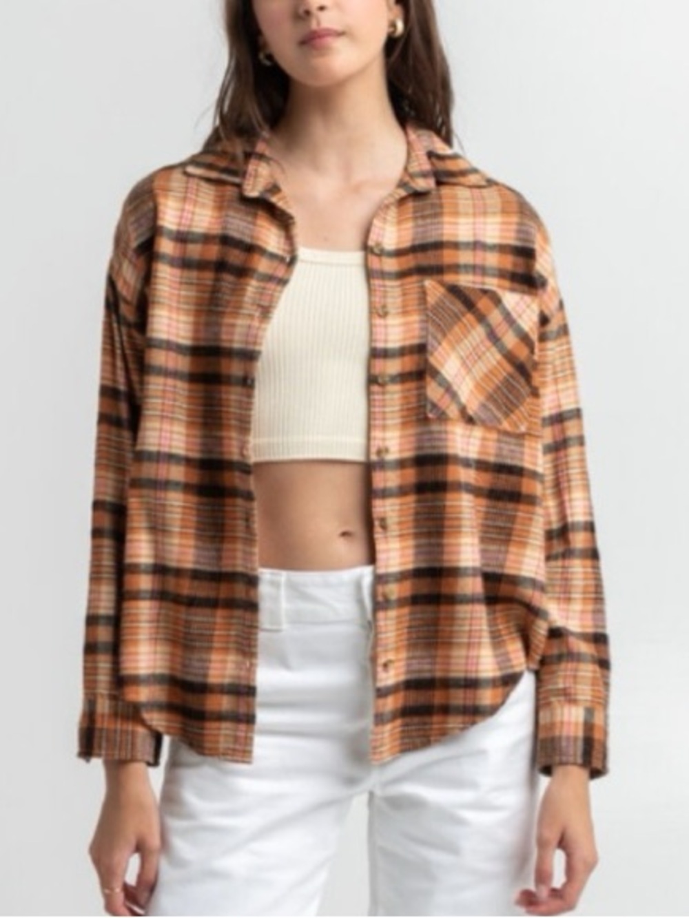 Billabong Easy Breezy Orange Pink Brown Black Plaid Flannel